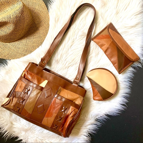 Vintage Handbags - v i n t a g e :: Boho Leather Patchwork Purse 3pcs Set Wallet Pouch